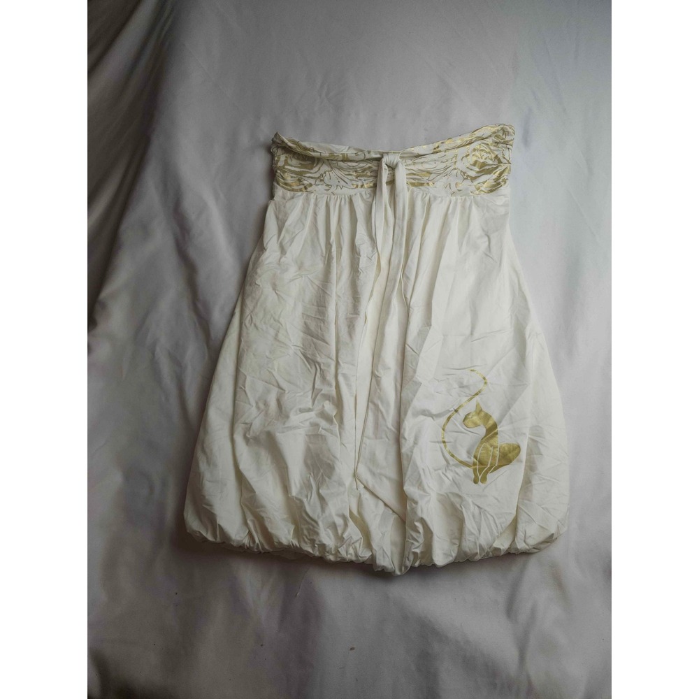Baby Phat White Gold Strapless Bubble Hem Dress Y2K Cat Logo Womens Size M
